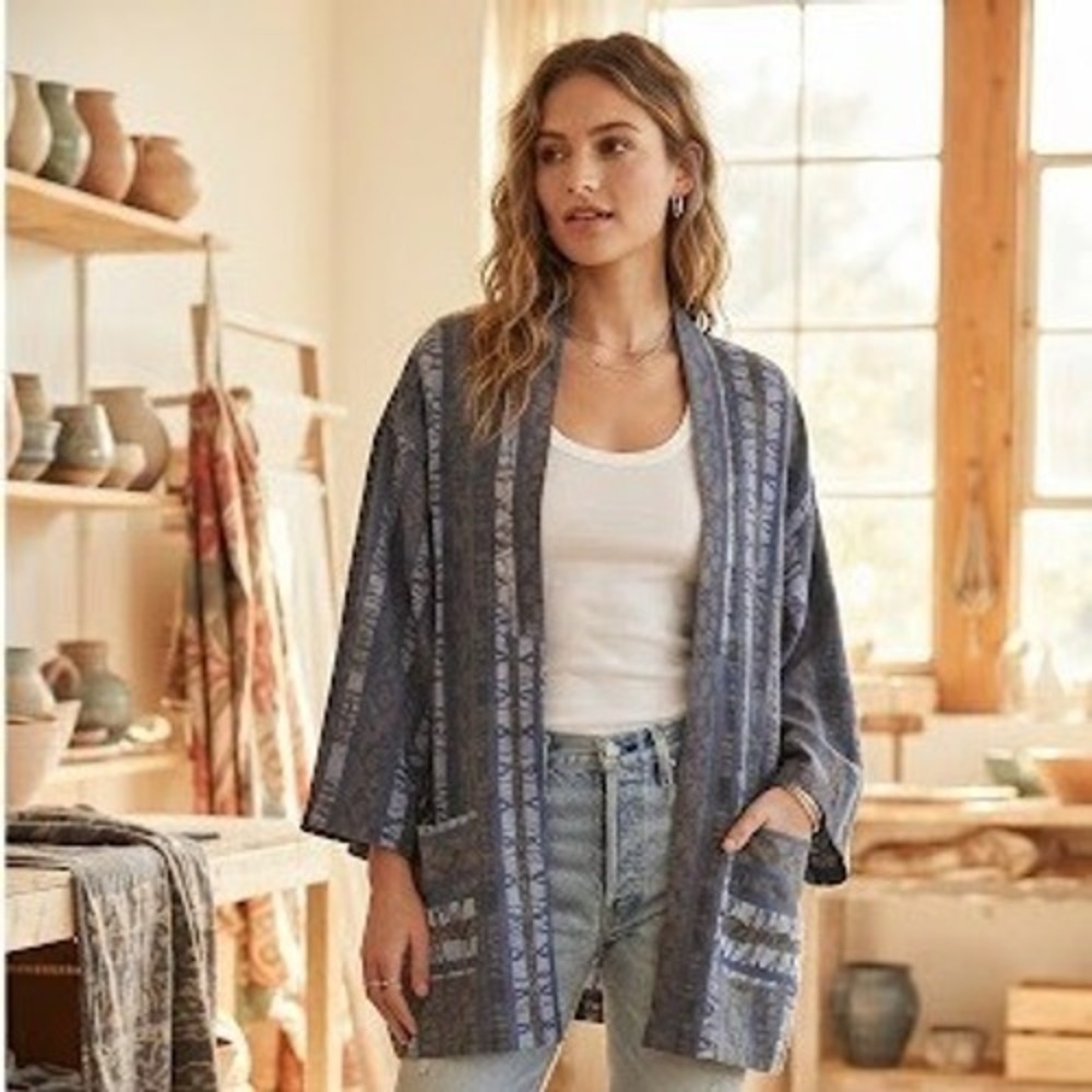 American Eagle Blue Woven Geometric Kimono Cardigan XXL Cotton Open Front Pocket